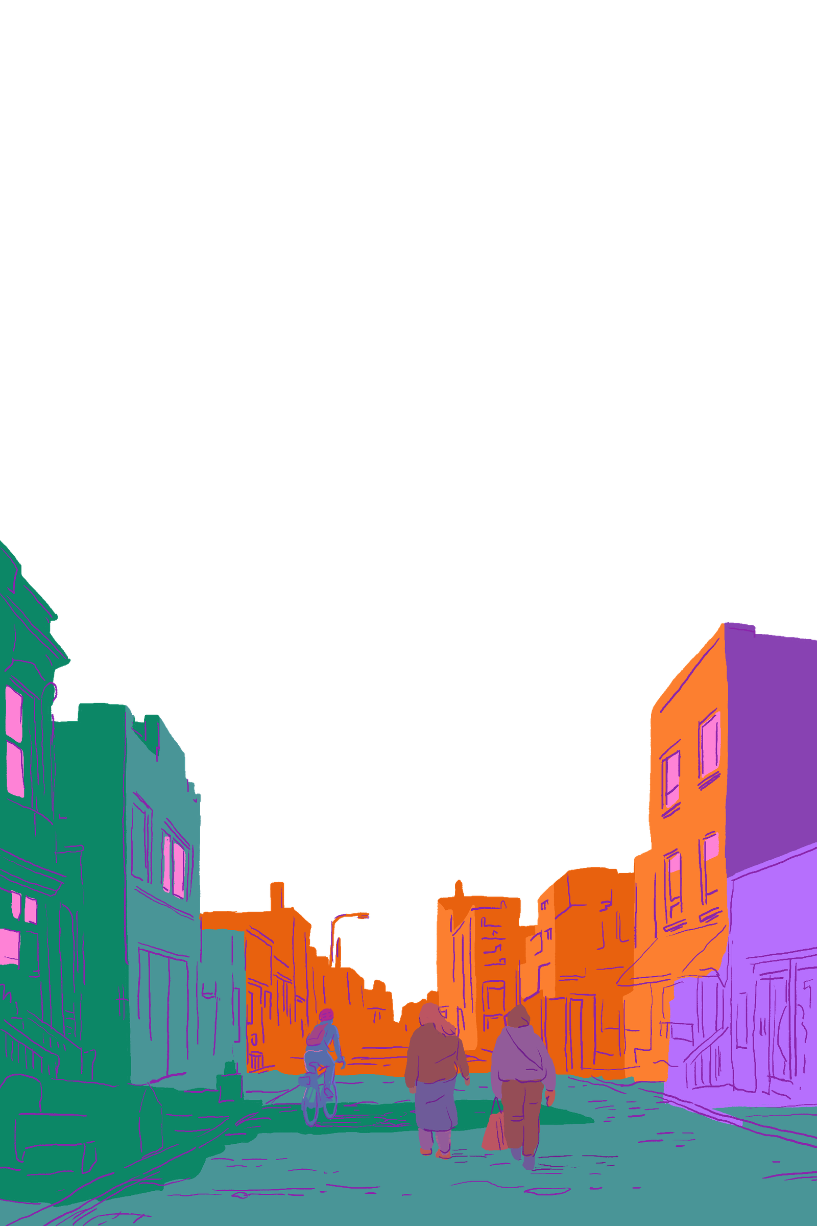 Illustration of an Evanston street with colorful buildings